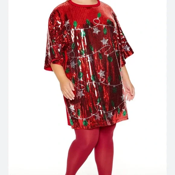 Red Sequin Holiday Shirt Dress with Lights Design 2x/3x - Picture 1 of 4